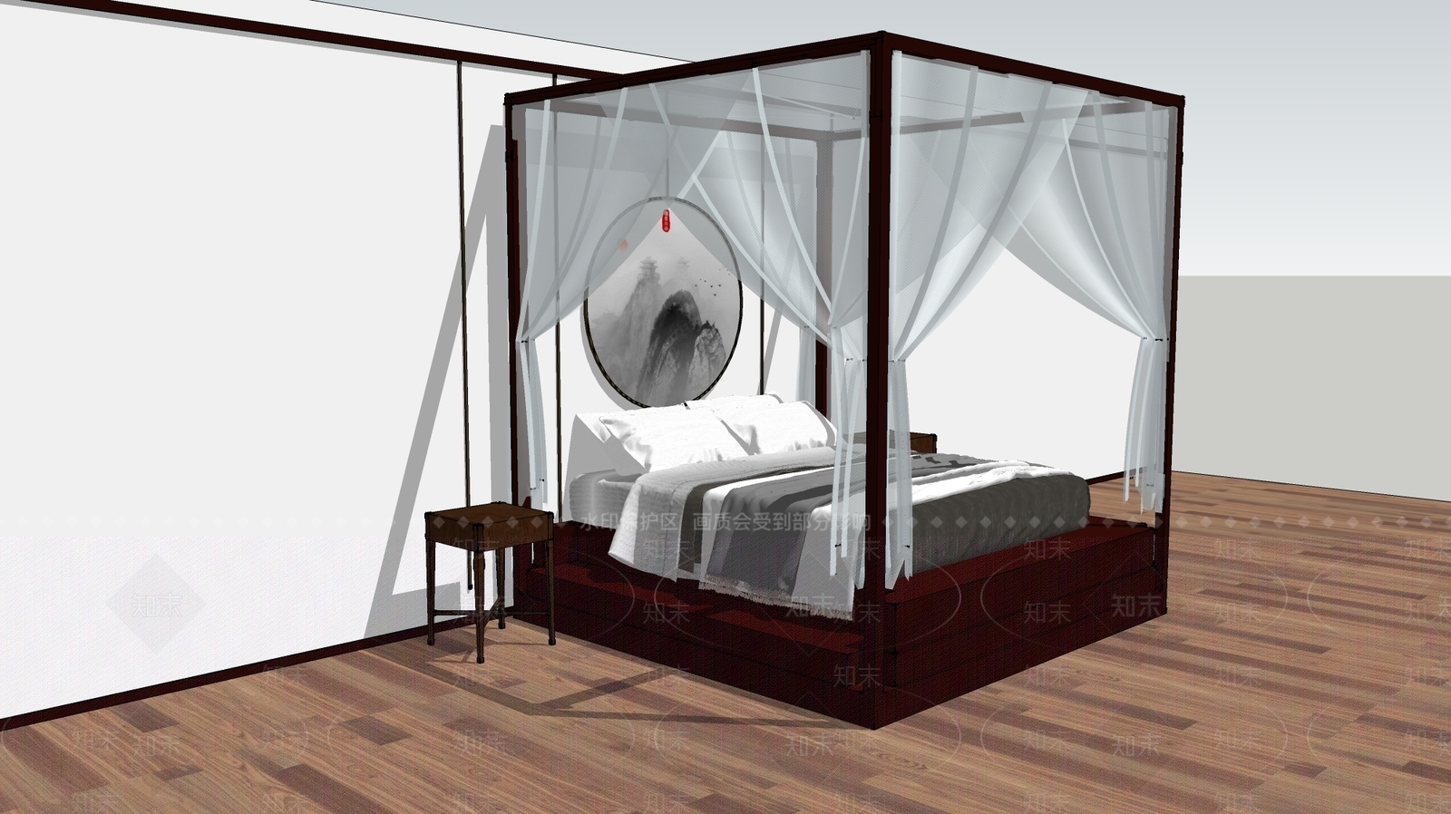 中式架子床纱幔SU模型下载【ID:534277260】