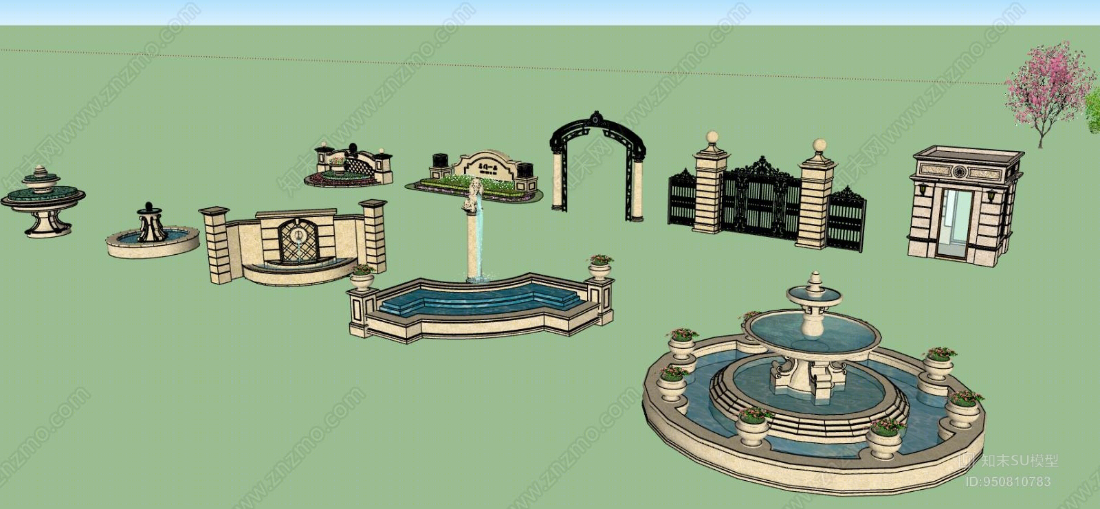 欧式风格景观水池SU模型下载【ID:950810783】