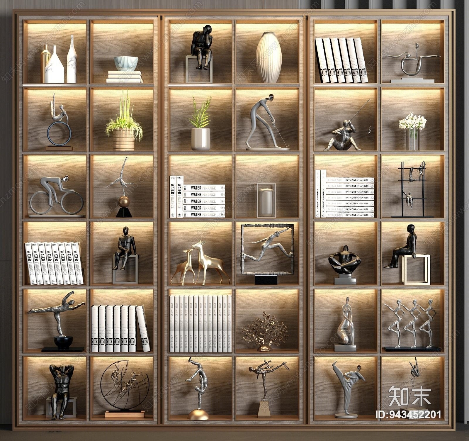 现代金属实木装饰柜人物雕塑饰品组合3D模型下载【ID:943452201】
