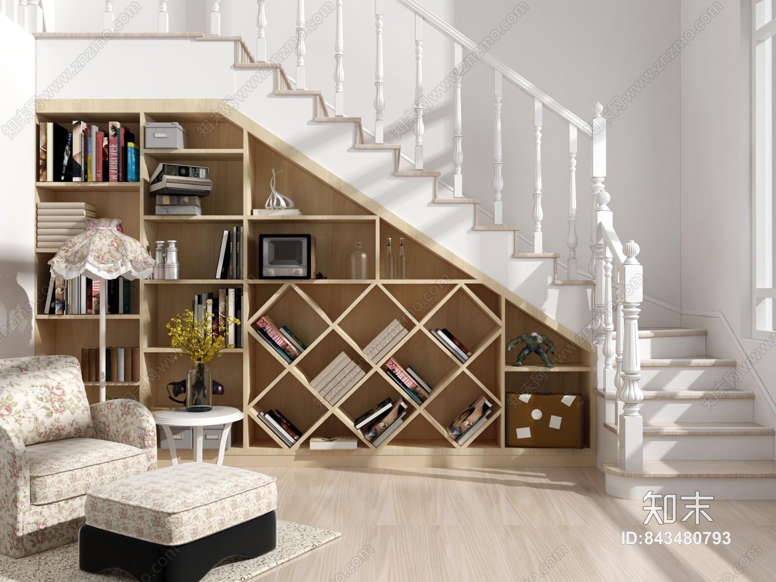 简欧楼梯储物柜书柜组合3D模型下载【ID:843480793】