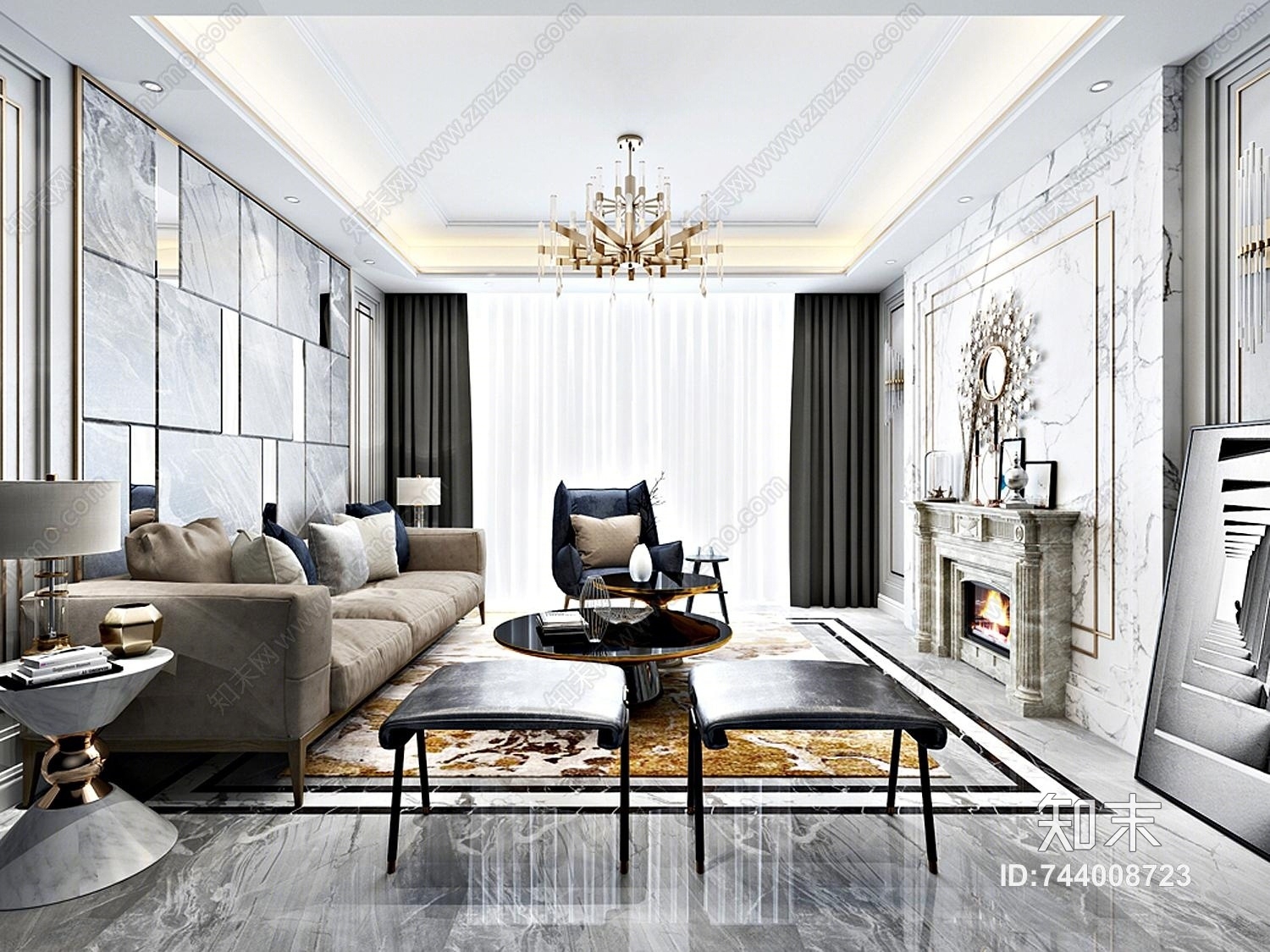 现代港式轻奢客厅3D模型下载【ID:744008723】