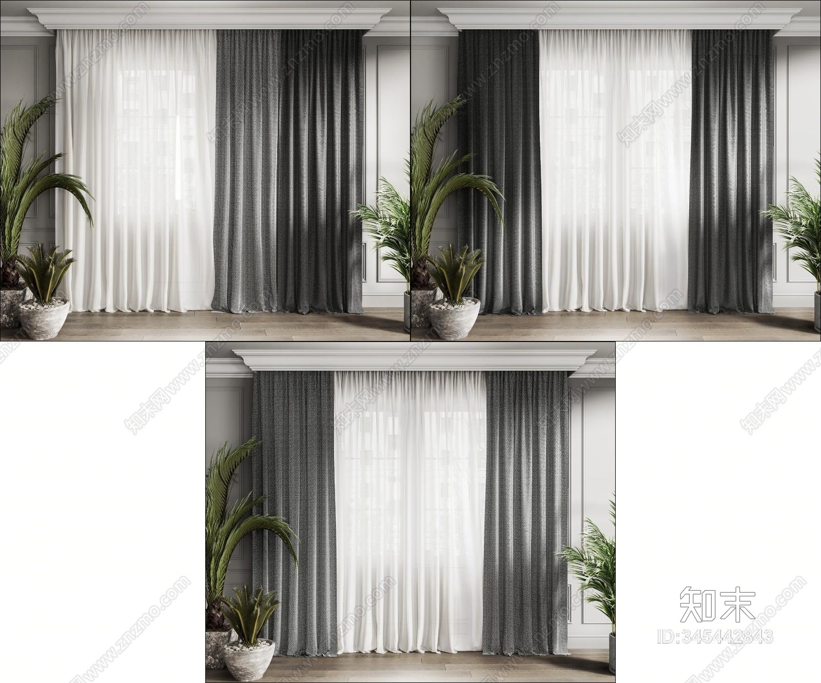 现代窗帘植物组合装饰品3D模型下载【ID:345442843】