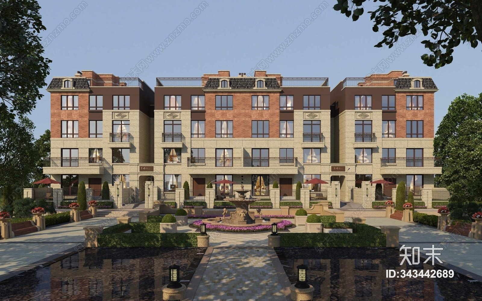 欧式联排别墅建筑外观3D模型下载【ID:343442689】