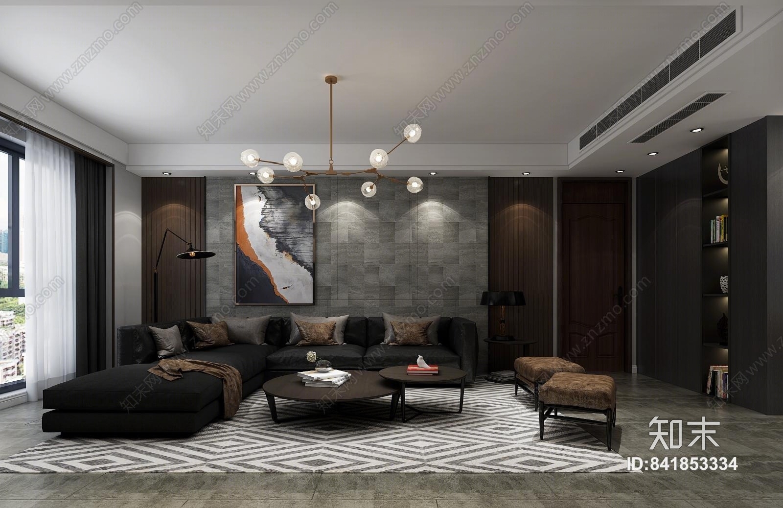 现代工业风格客餐厅3D模型下载【ID:841853334】