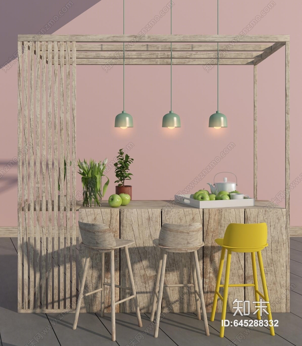 现代木质吧台桌椅组合3D模型下载【ID:645288332】