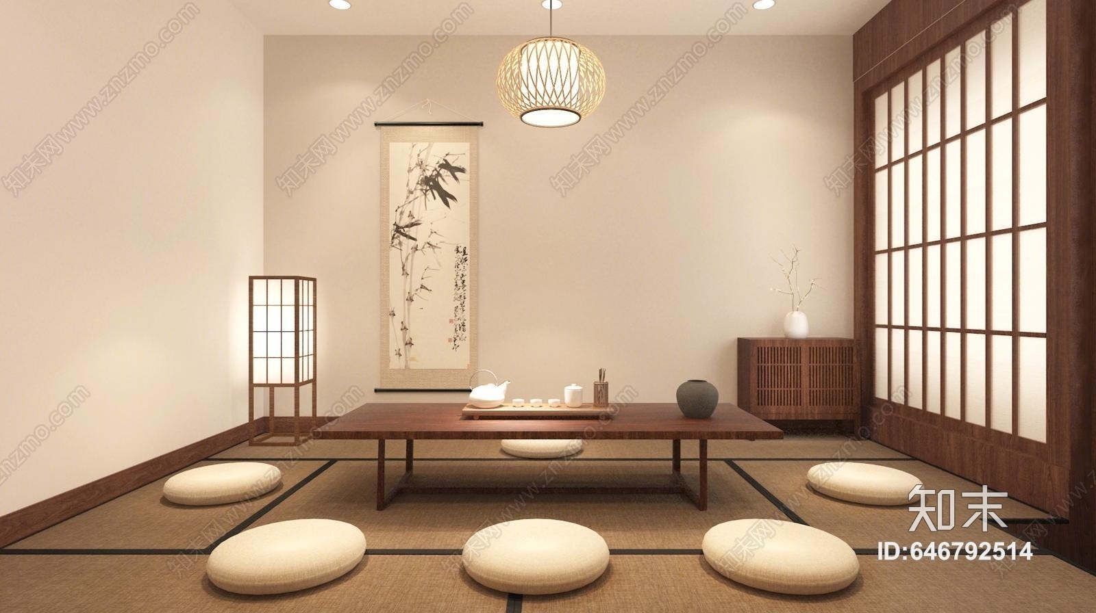 日式禅意茶桌椅3D模型下载【ID:646792514】