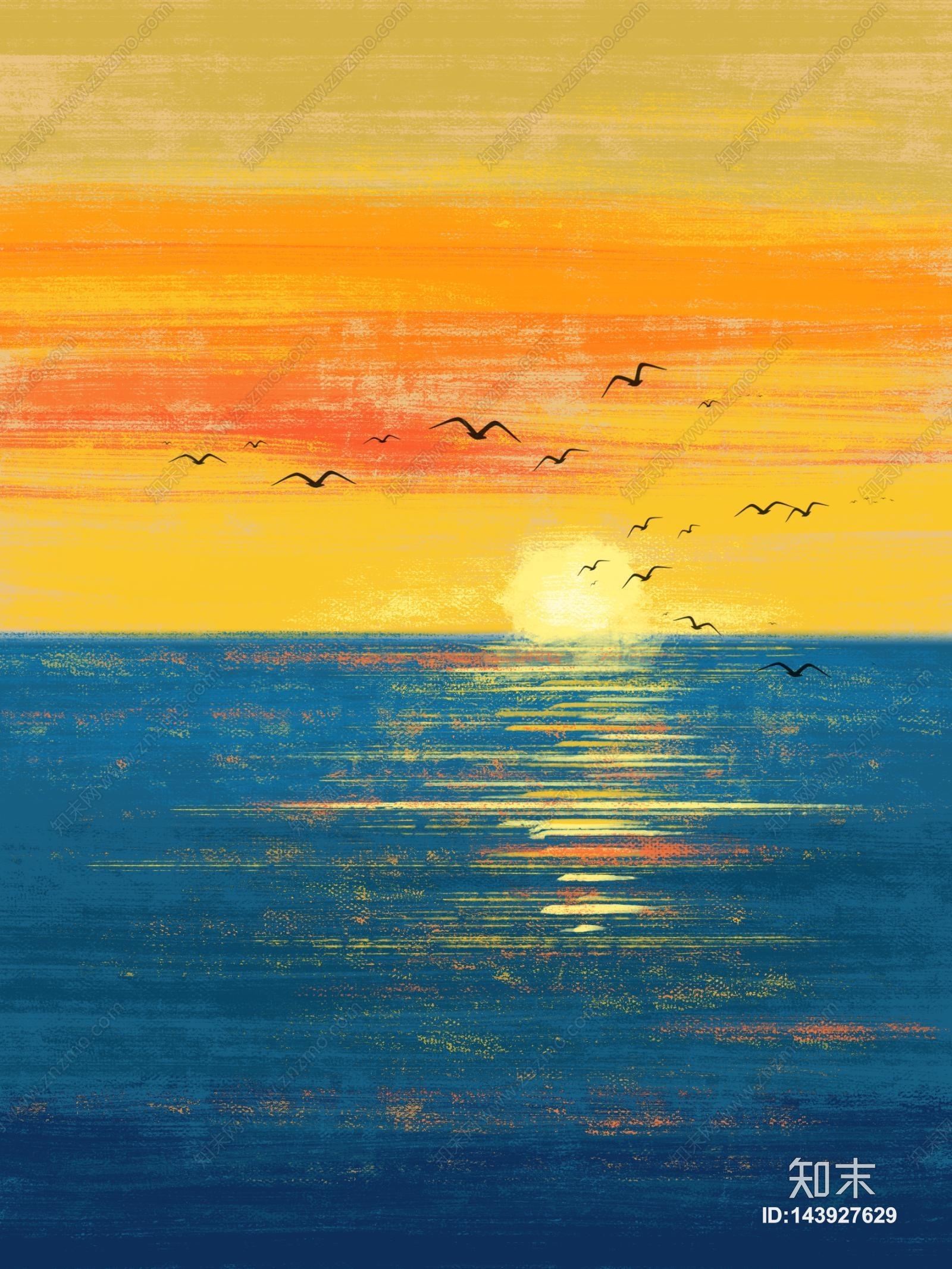 现代简约手绘油画海洋风景装饰画贴图下载【ID:143927629】