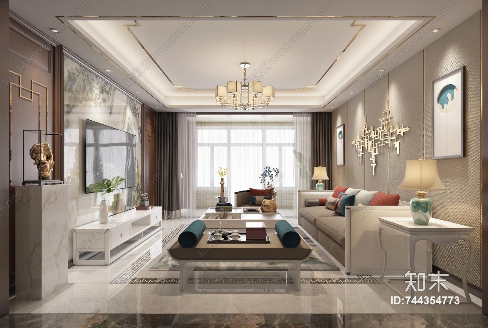 新中式客厅空间3D模型下载【ID:744354773】