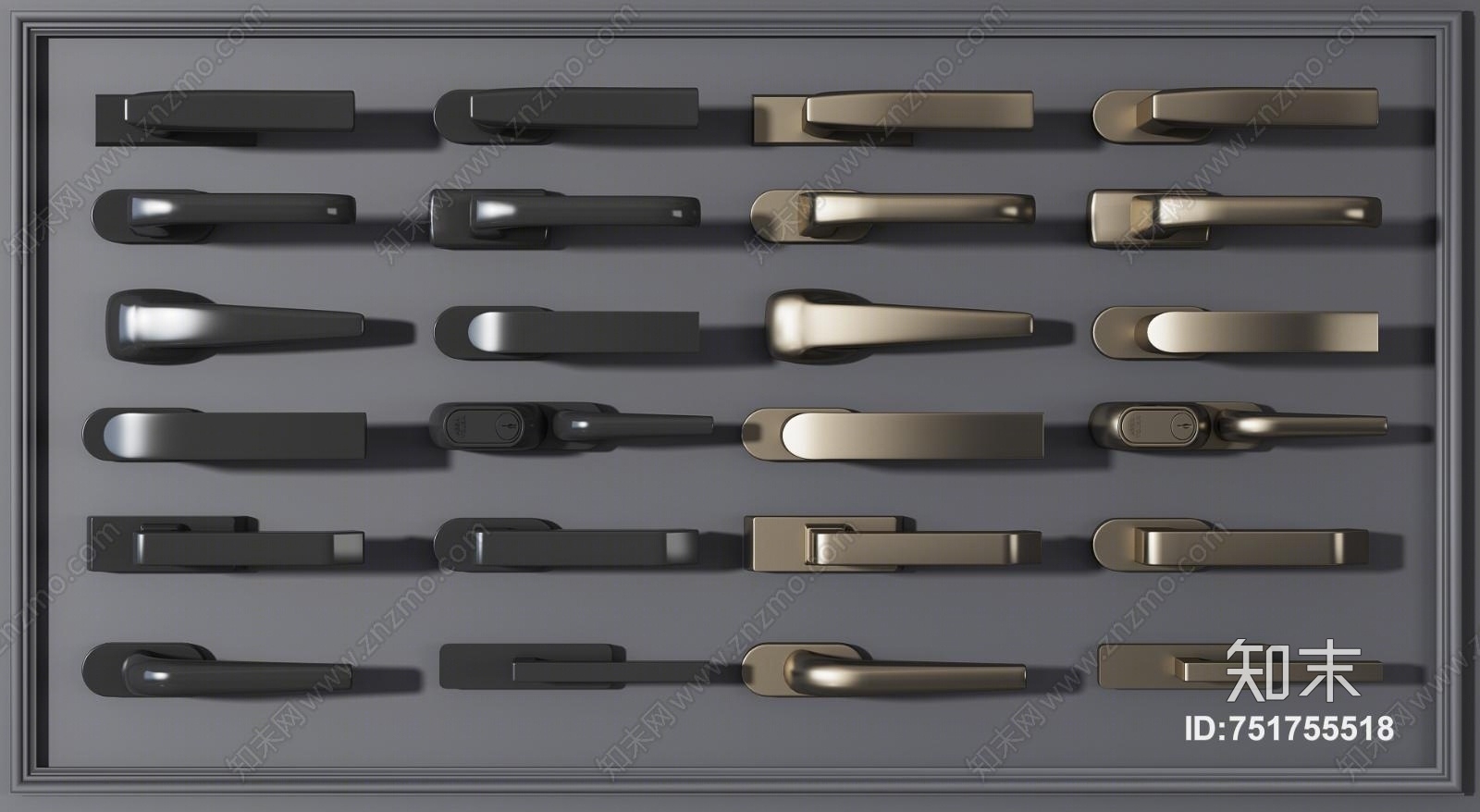 现代金属门把手拉手门锁五金件组合3D模型下载【ID:751755518】