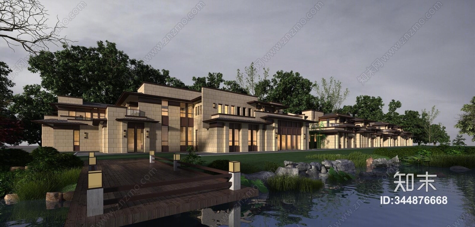 简欧欧式联排别墅水景别墅建筑外观3D模型下载【ID:344876668】