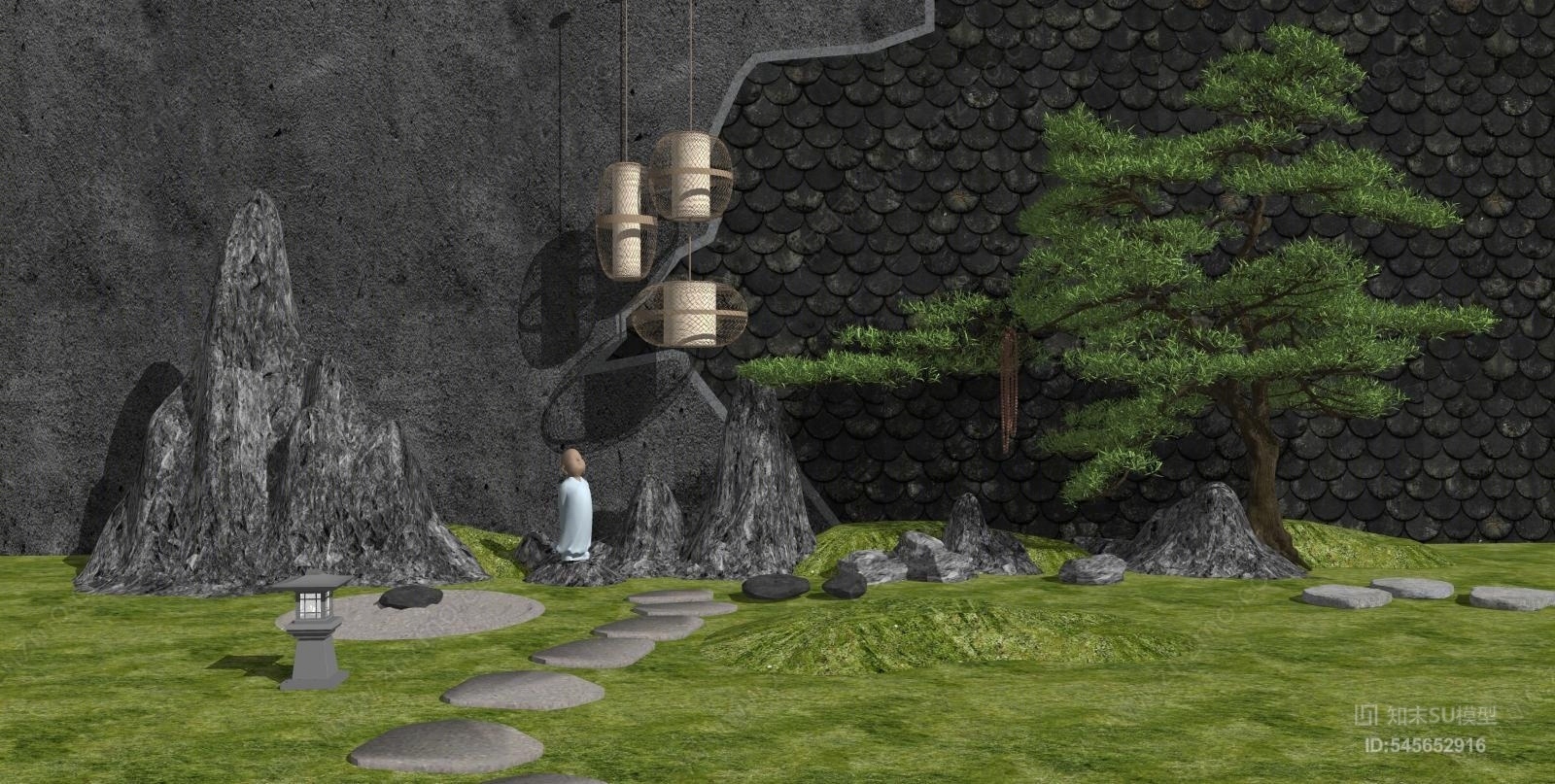 新中式松树假山SU模型下载【ID:545652916】
