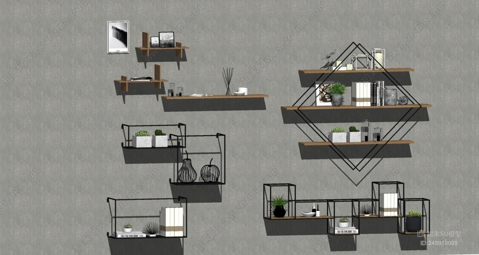 工业风格墙上置物架SU模型下载【ID:245919085】