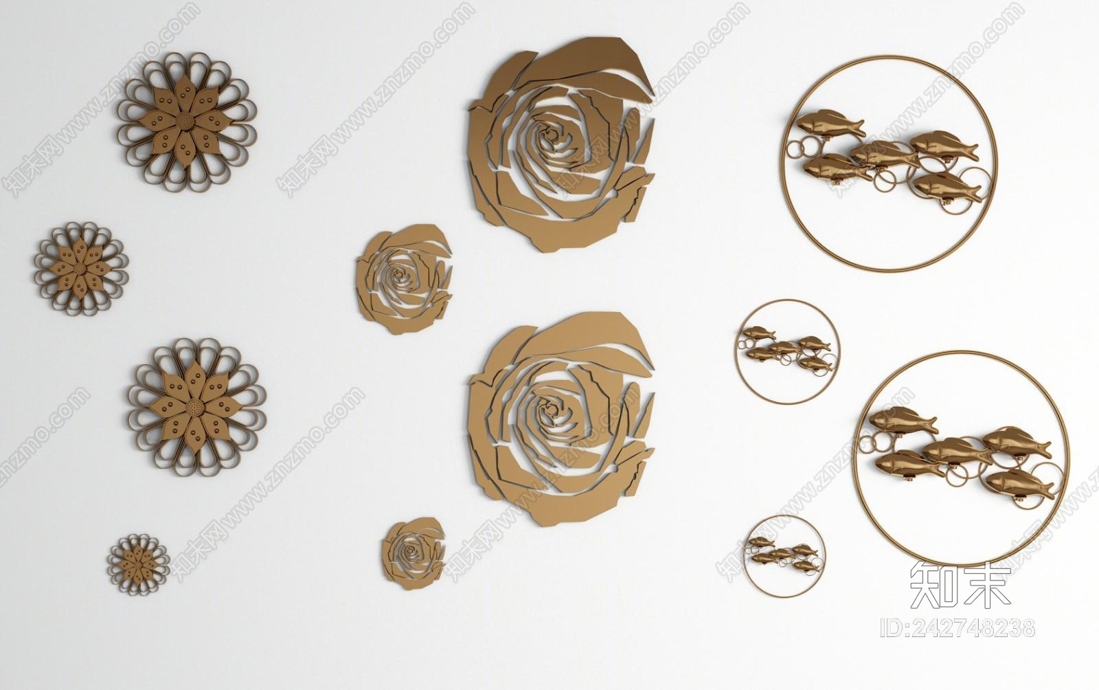 现代金属花瓣鱼墙饰挂件组合3D模型下载【ID:242748238】