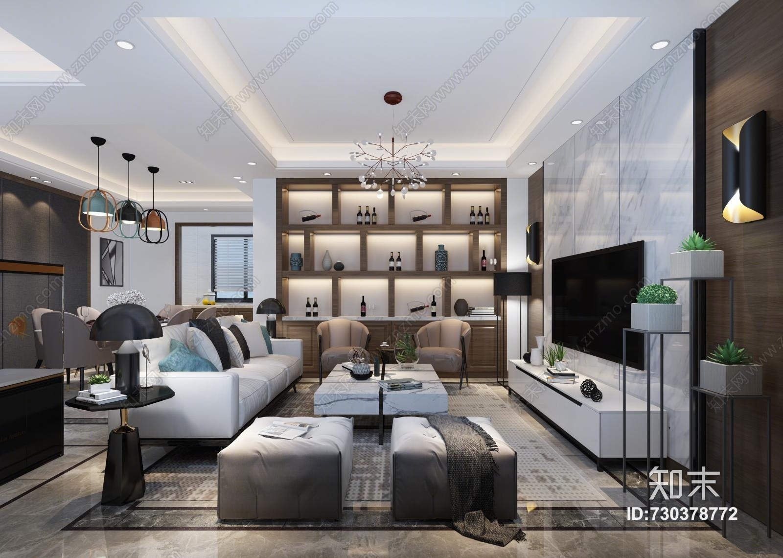 现代客厅餐厅玄关鱼缸3D模型下载【ID:730378772】