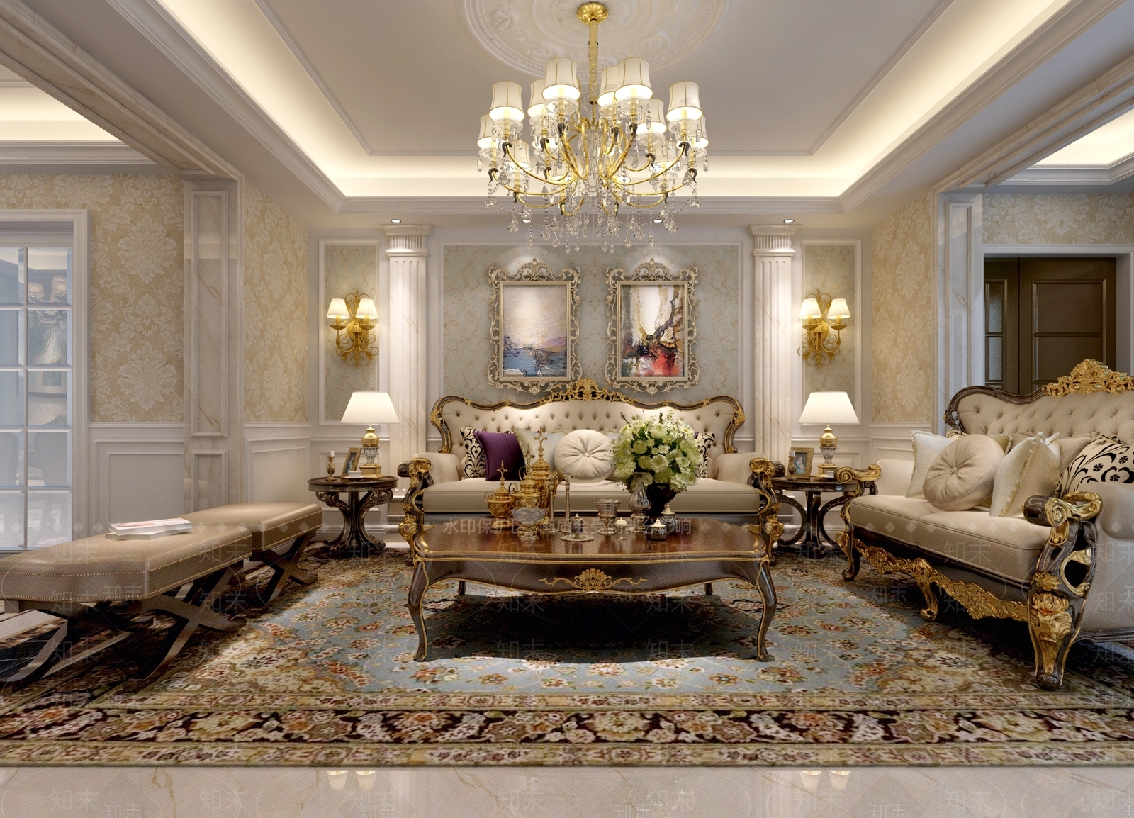 欧式古典欧式客餐厅沙发茶几3D模型下载【ID:732326792】