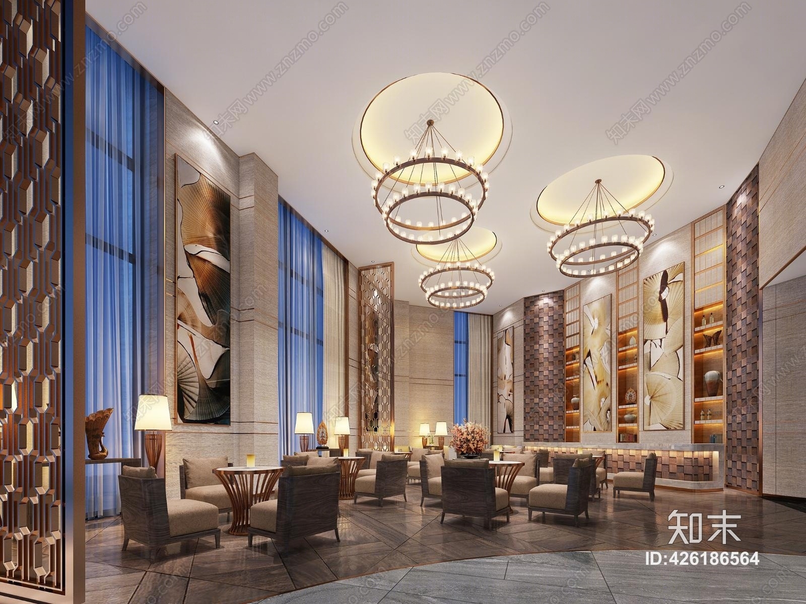 东南亚风格售楼部洽谈区圆环吊灯3D模型下载【ID:426186564】