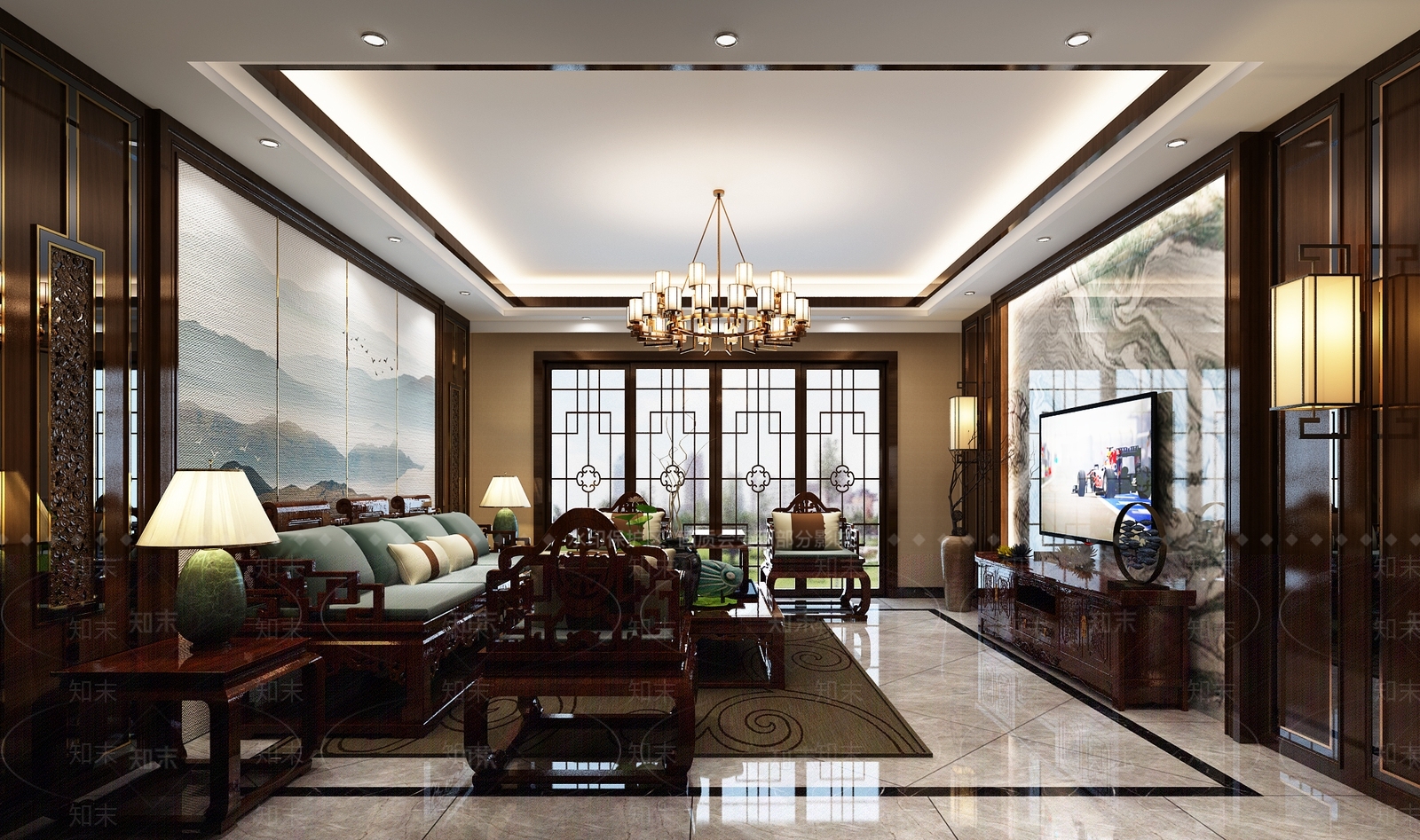 中式客餐厅背景墙家具3D模型下载【ID:832488332】