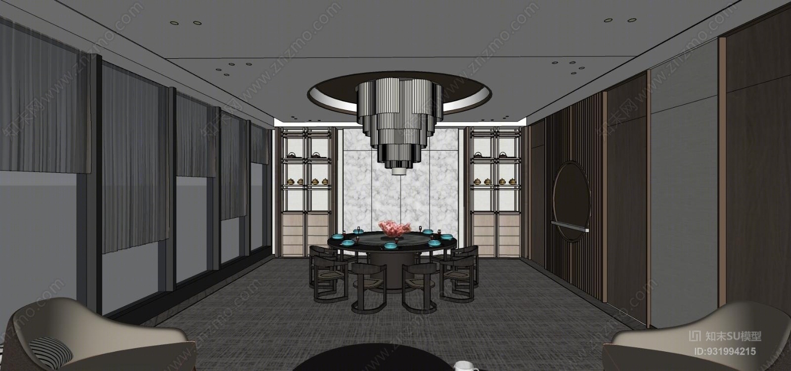 酒店新中式包间室内SU模型下载【ID:931994215】