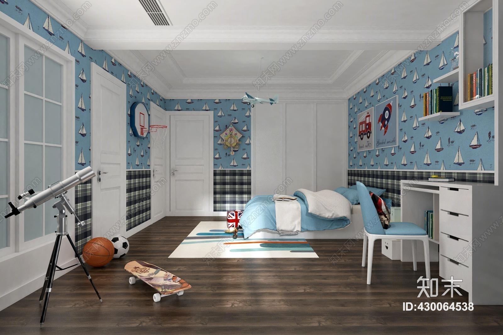 现代男孩儿童房儿童床书桌3D模型下载【ID:430064538】