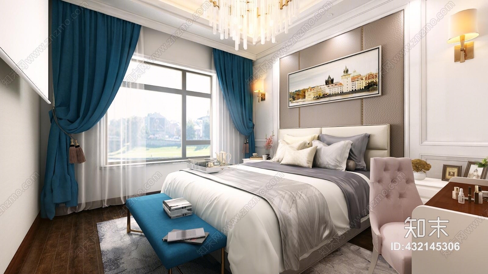 简欧卧室主卧背景墙吊灯梳妆台投影仪3D模型下载【ID:432145306】