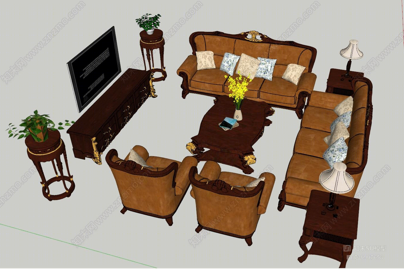 欧式古典皮质沙发茶几电视柜电视画几台灯组合下载箱包SU模型下载【ID:730907658】