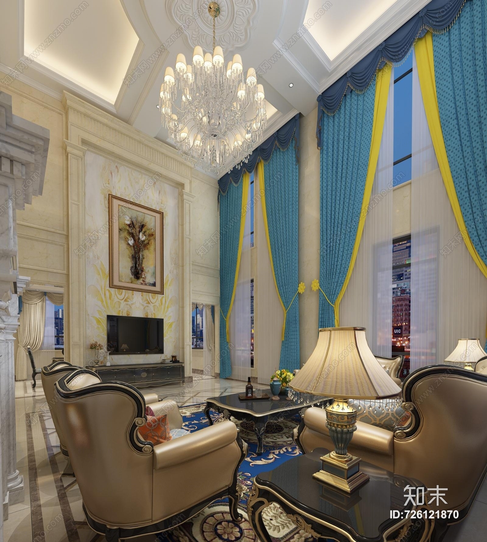 简欧欧式别墅客厅大图3D模型下载【ID:726121870】