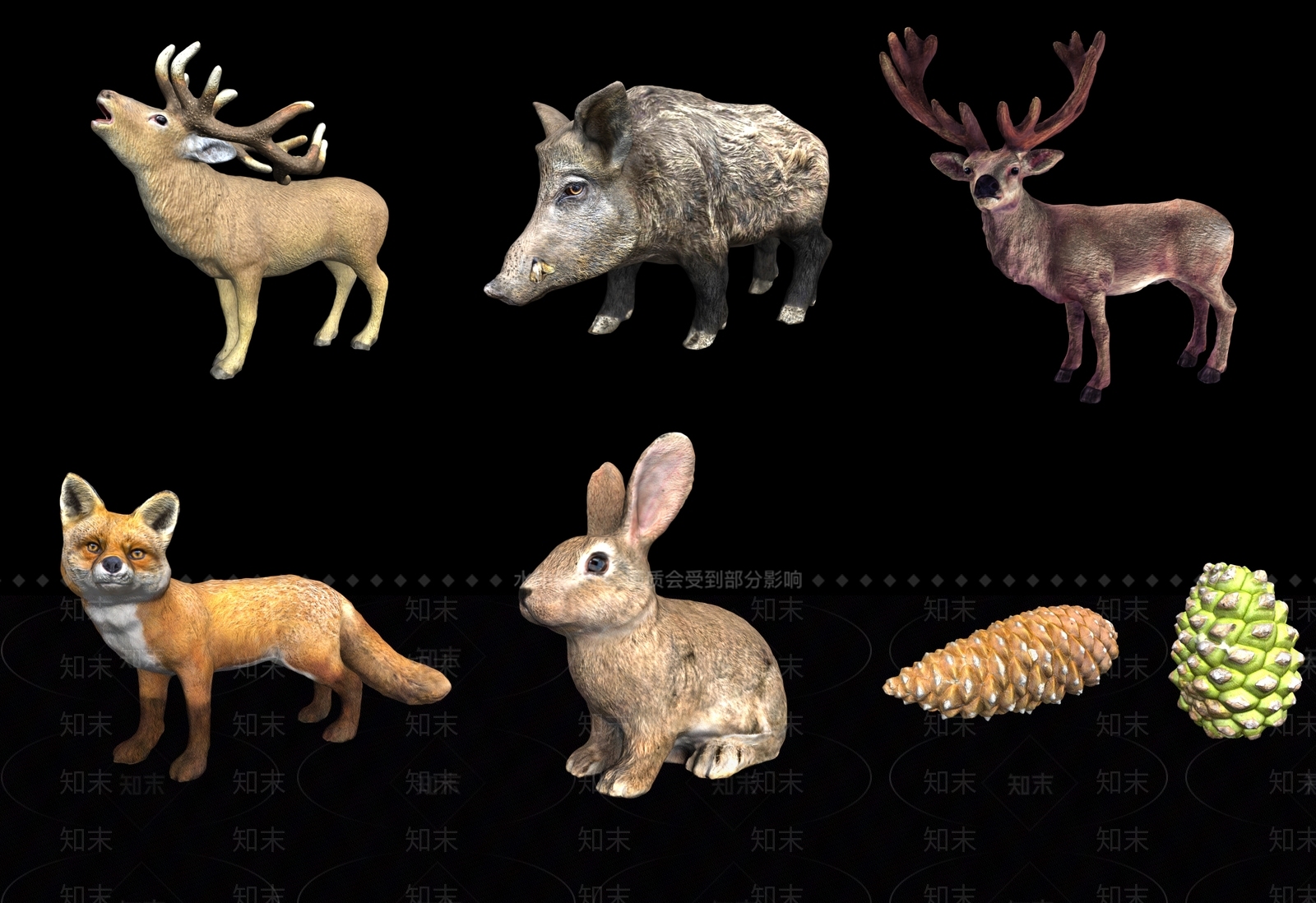 现代野生动物麋鹿猪狐狸兔子松子菠萝组合3D模型下载【ID:834998189】