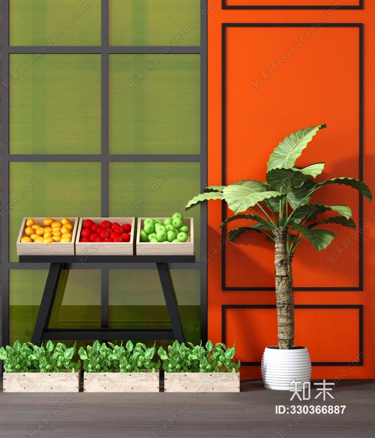 工业风盆景盆栽水果货架3D模型下载【ID:330366887】