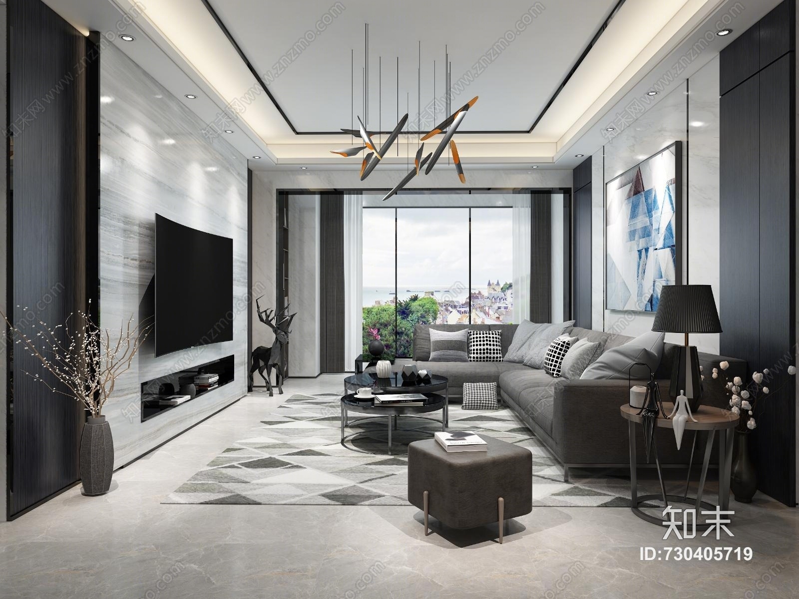现代黑白灰客厅全景模型3D模型下载【ID:730405719】