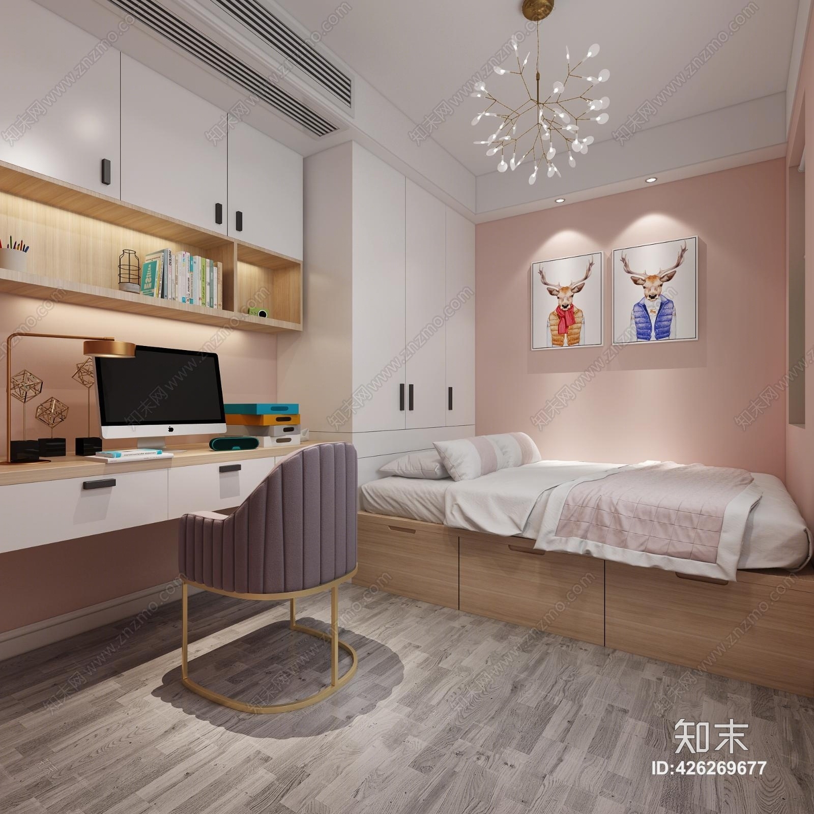 北欧儿童房女儿房榻榻米书桌吊灯挂画吊灯电脑3D模型下载【ID:426269677】