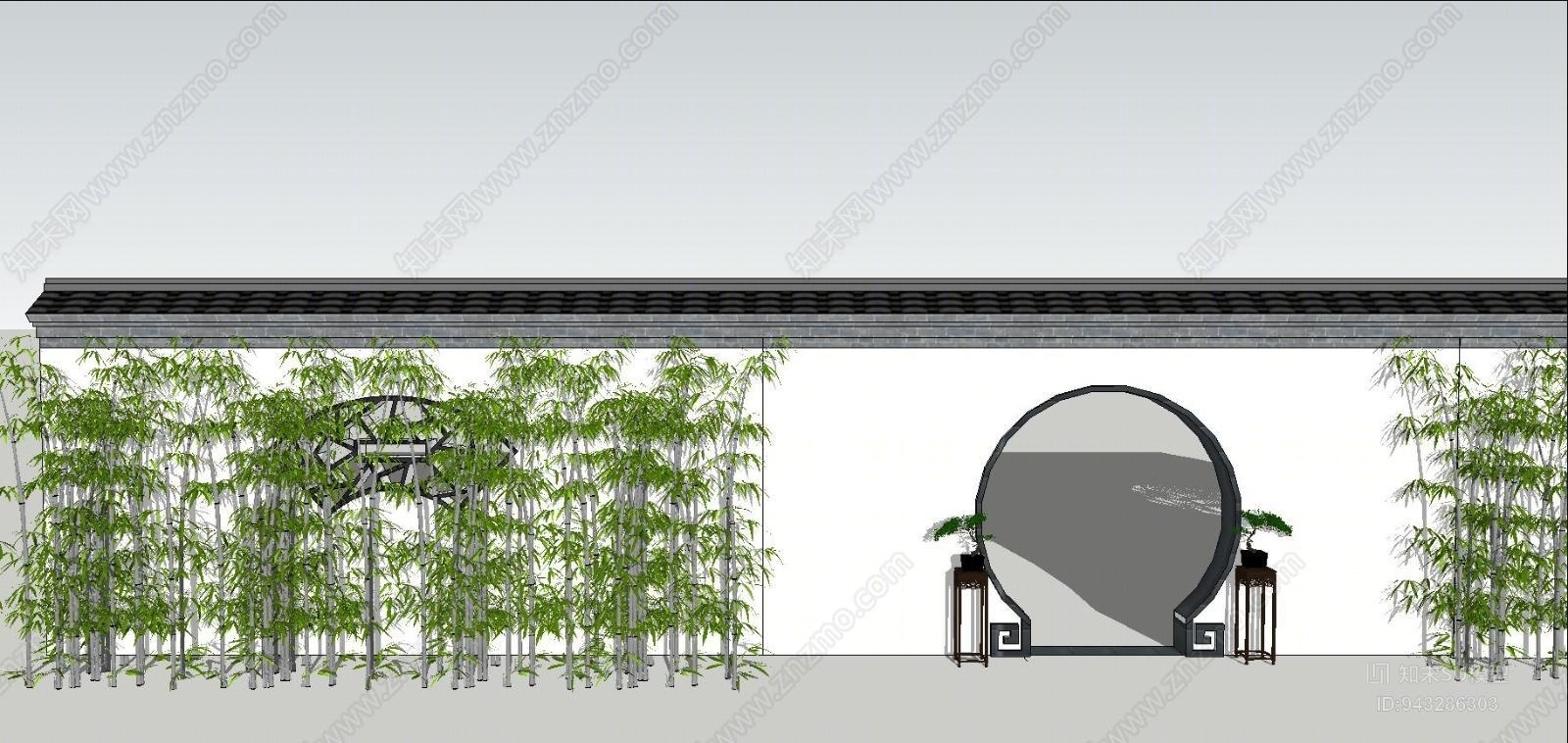 中式花窗格圆拱门SU模型下载【ID:943286303】