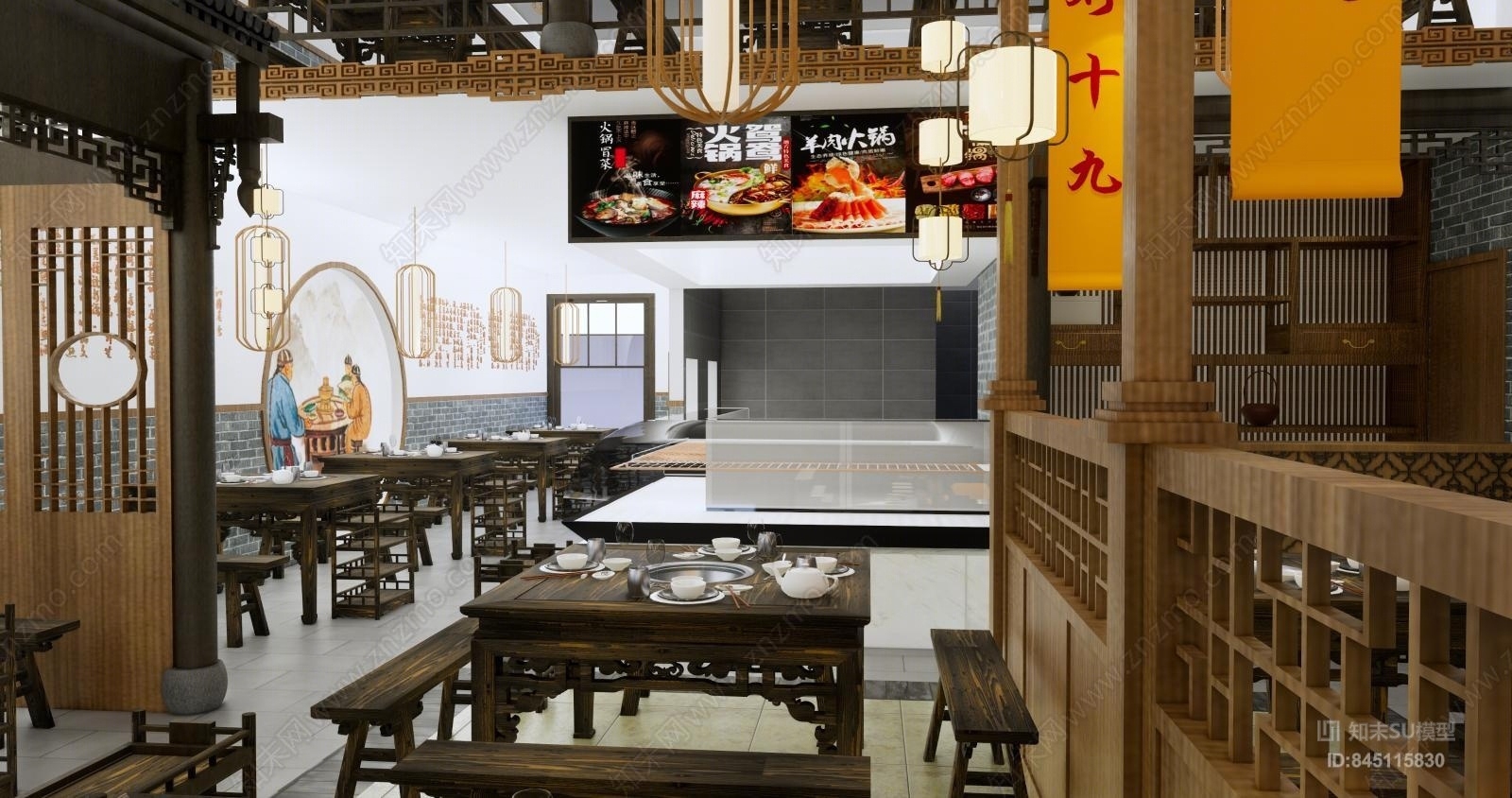 中式高端火锅店设计SU模型下载【ID:845115830】_知末su模型网