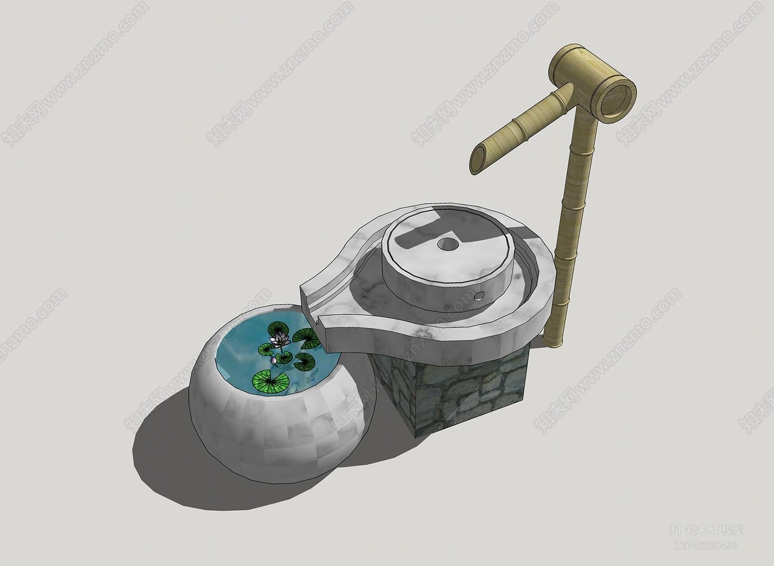 中式竹子流水水景SU模型下载【ID:746230498】