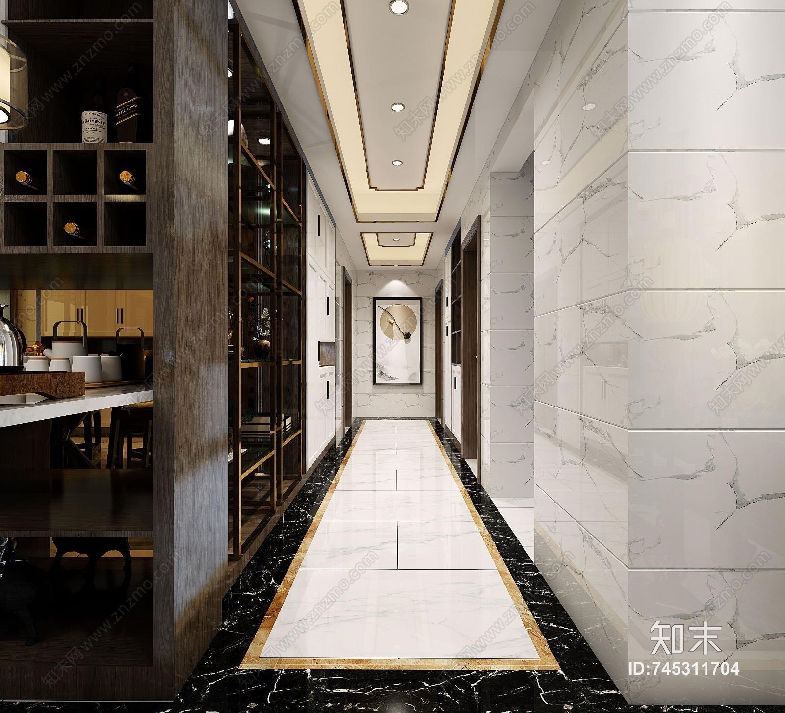 新中式过道吊顶装饰柜3D模型下载【ID:745311704】