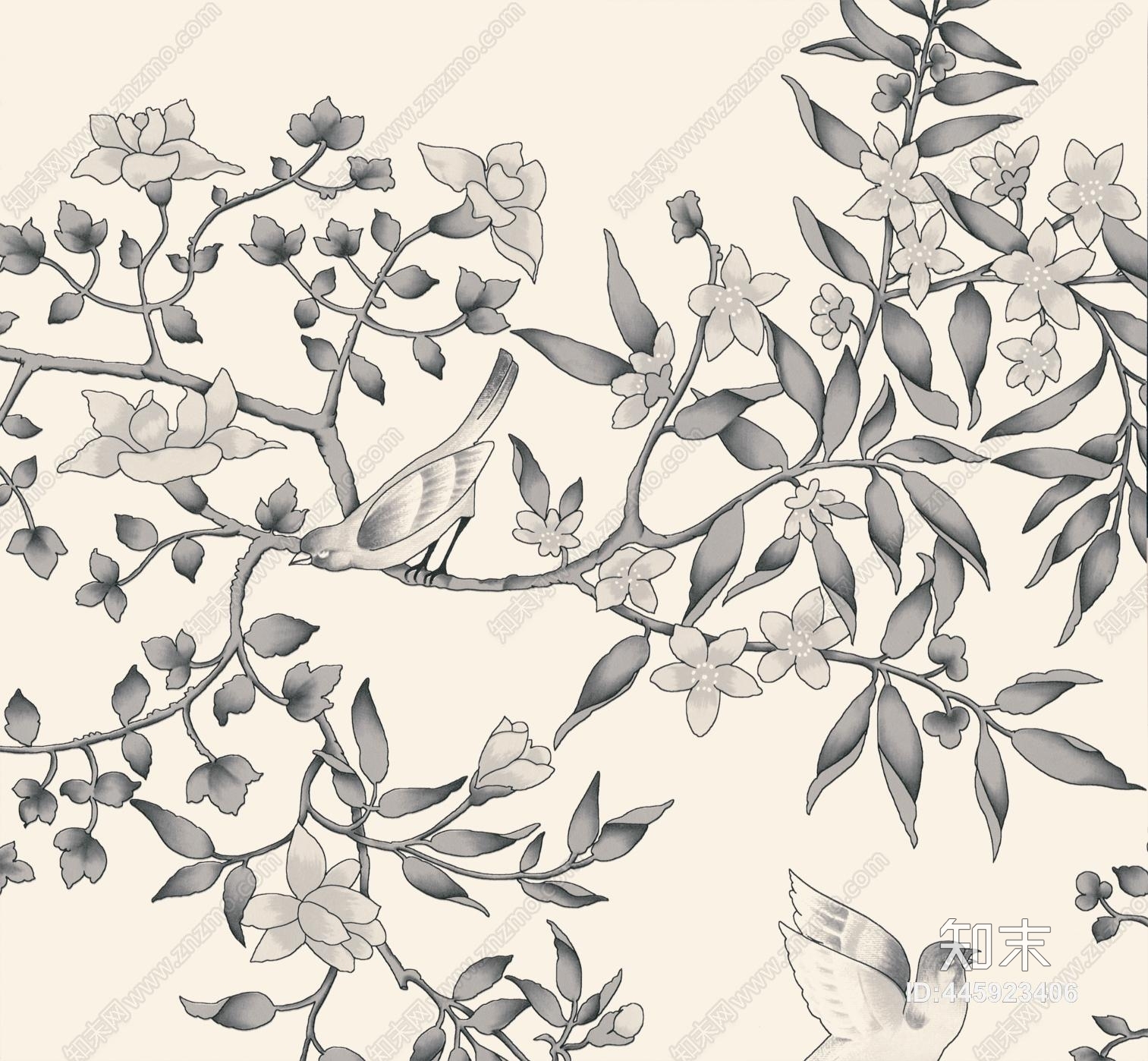中式简约工笔风格花鸟植物黑白壁纸贴图下载【ID:445923406】