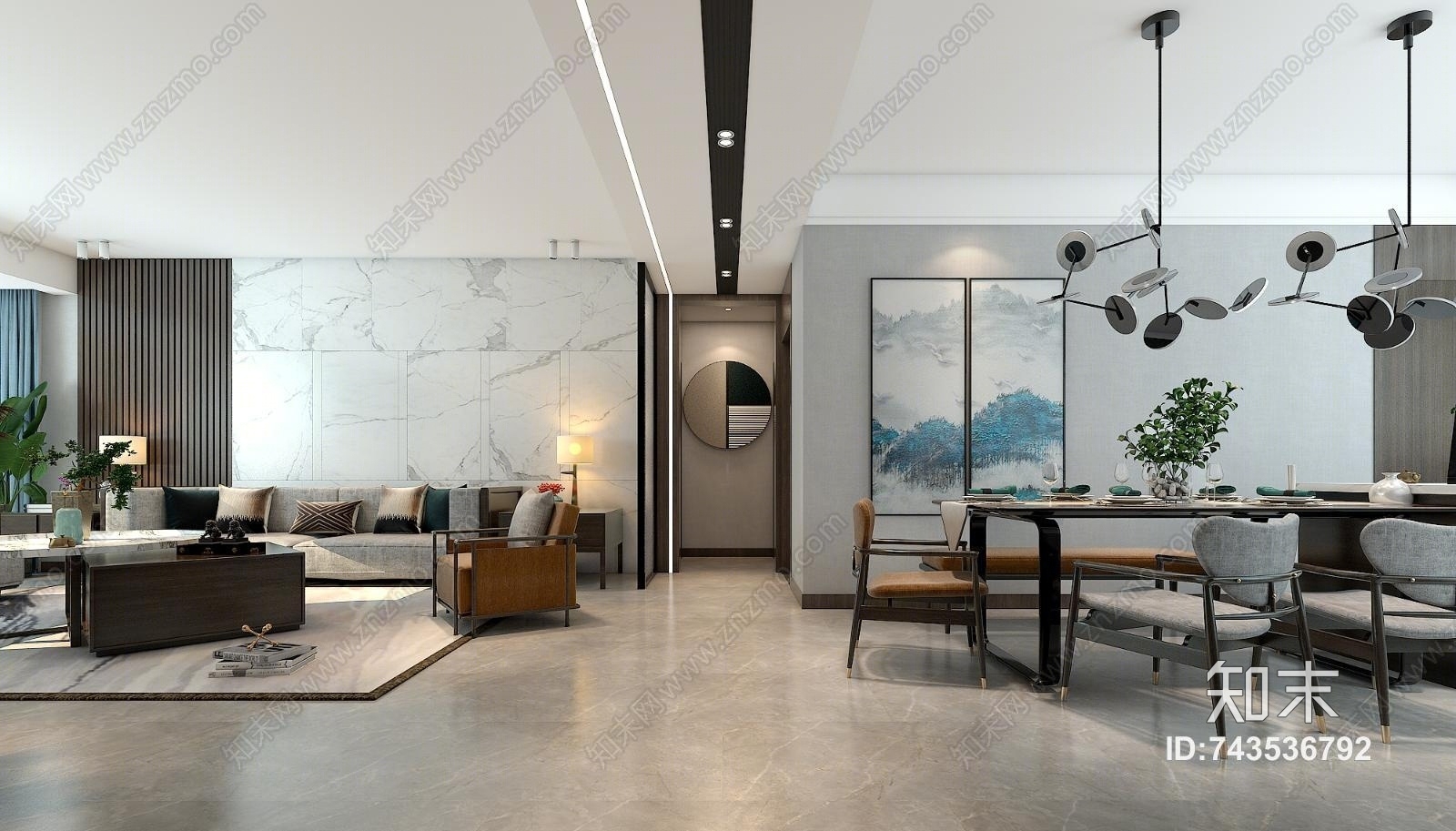 新中式客餐厅家居空间3D模型下载【ID:743536792】