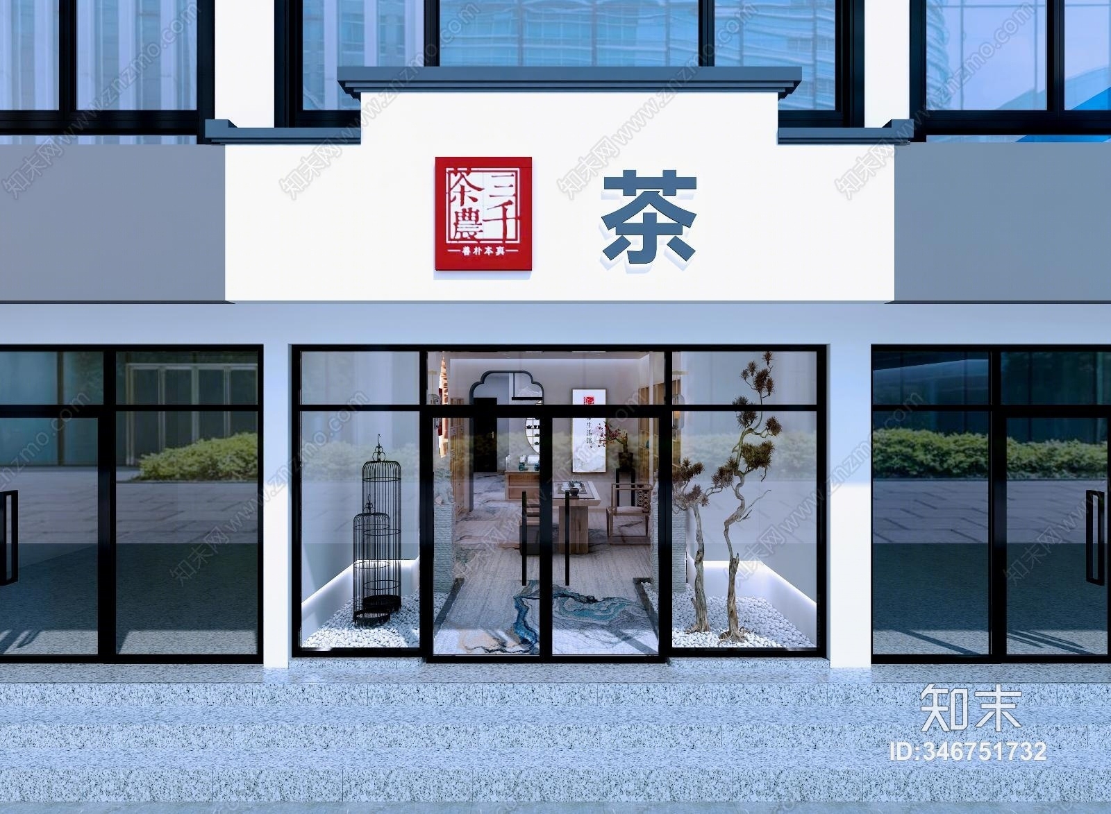 新中式禅意茶室门头3D模型下载【ID:346751732】