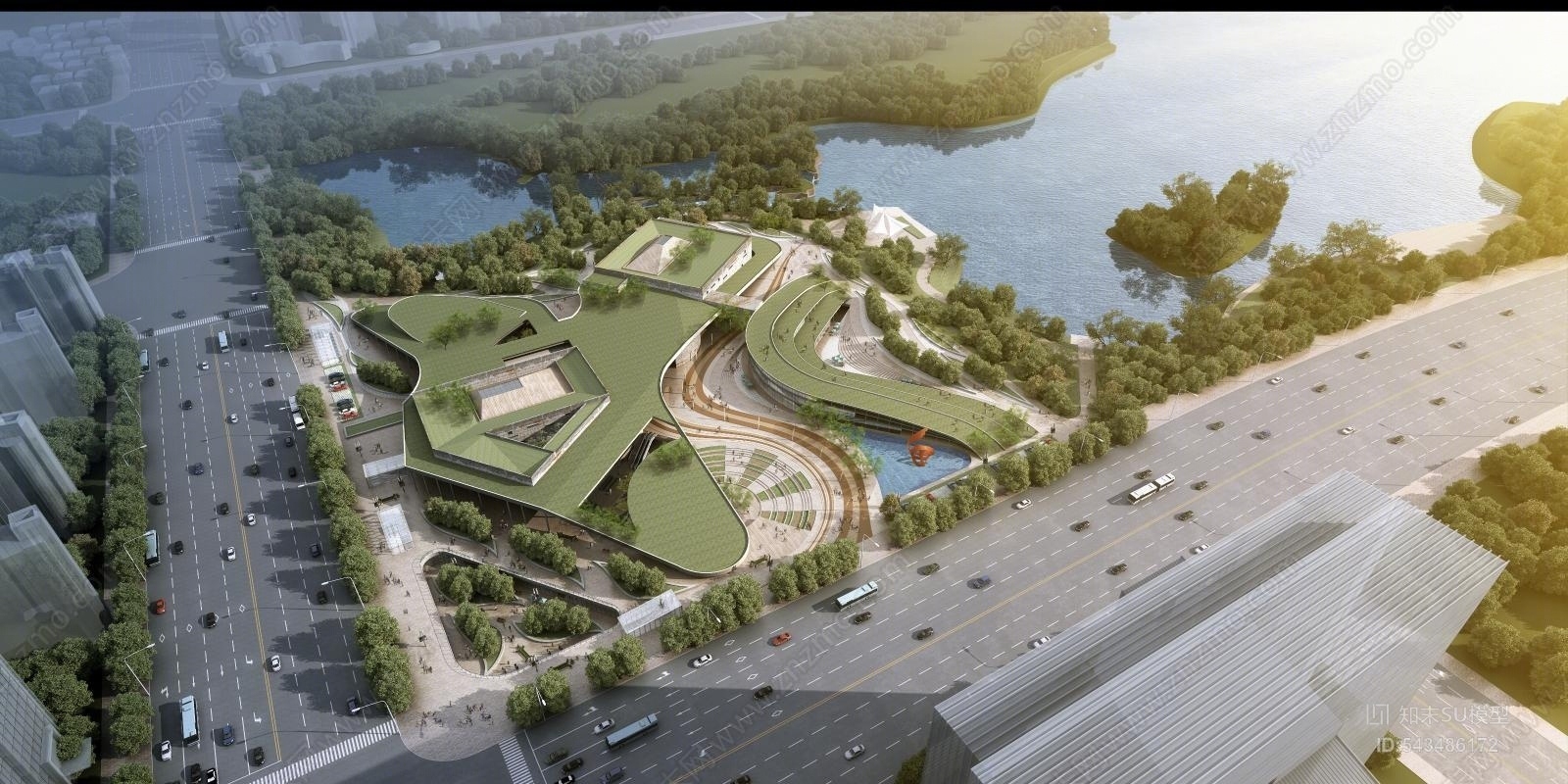 现代风格天鹅湖文化活动中心SU模型下载【ID:543486172】