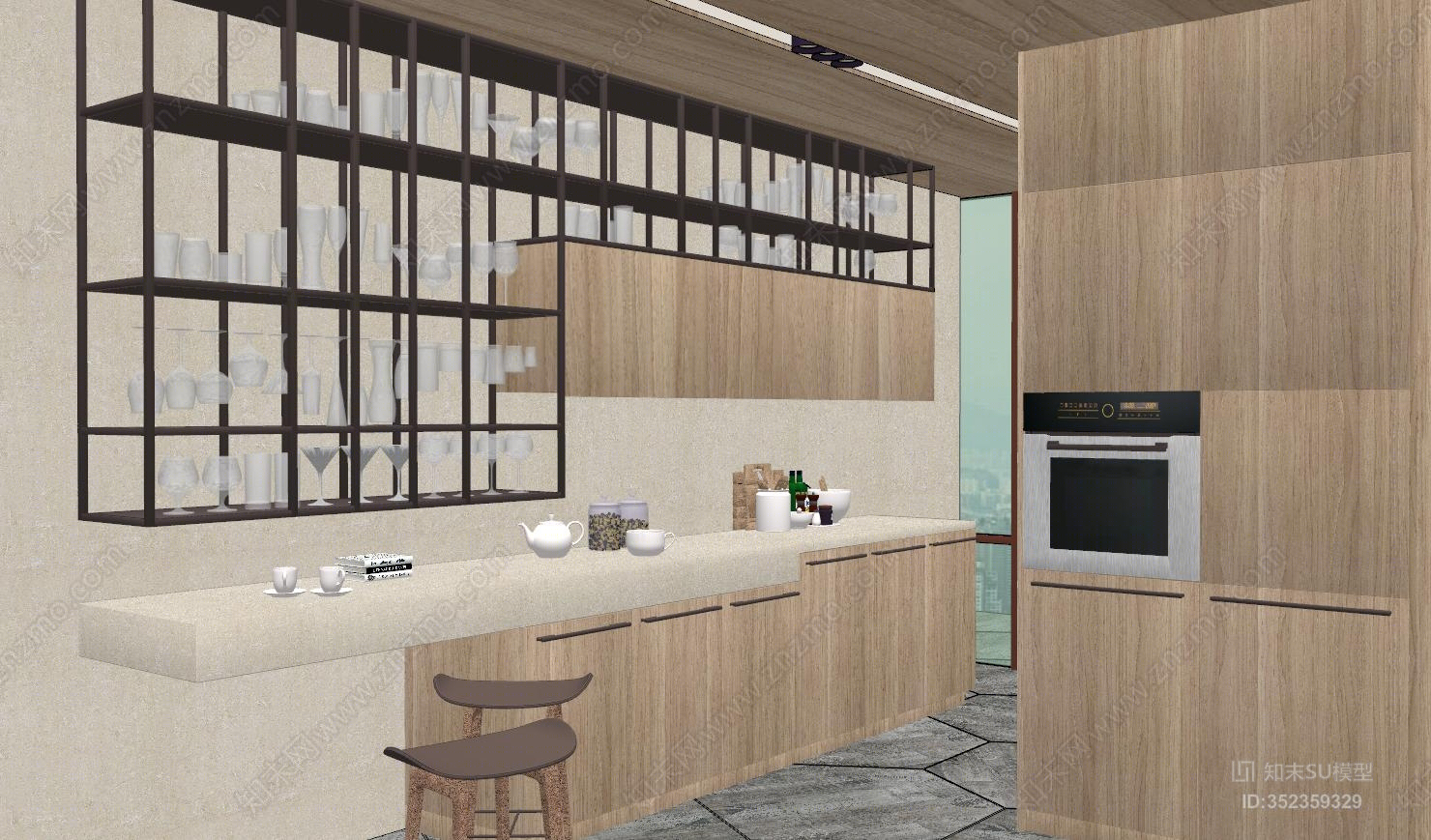 现代风格吧台酒柜组合SU模型下载【ID:352359329】