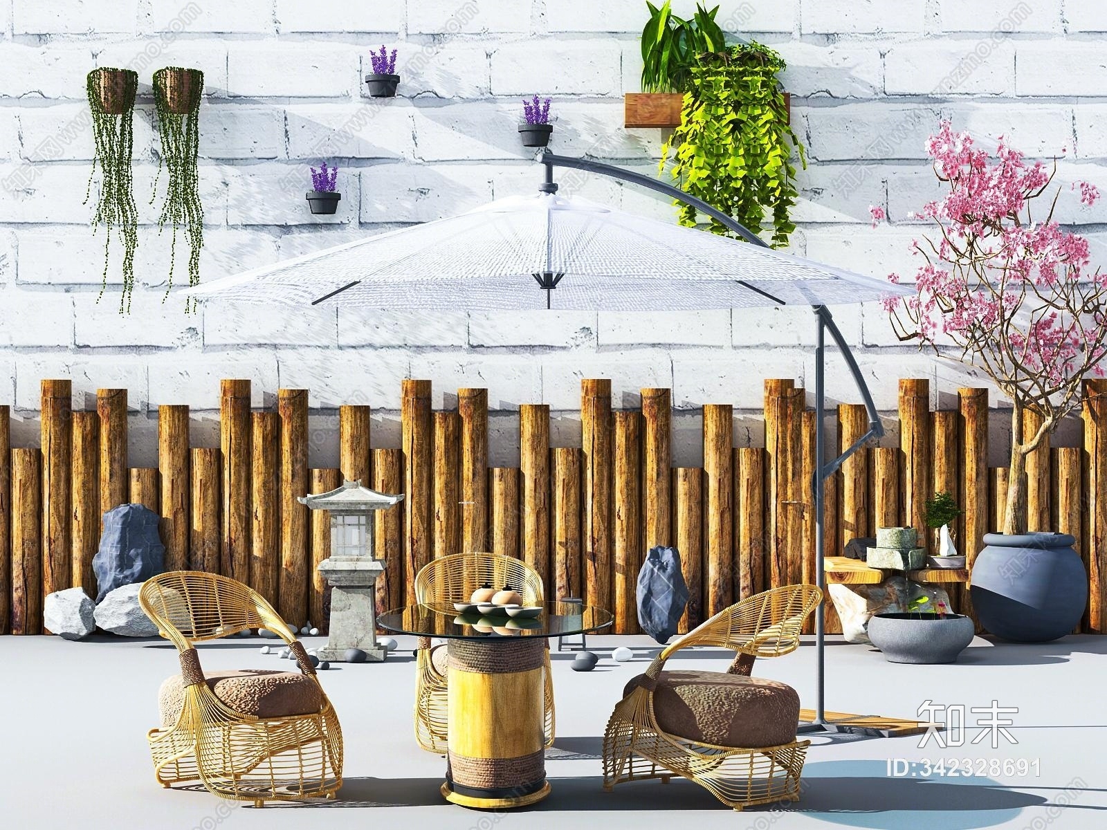 阳台沙发桌椅盆景摆设组合3D模型下载【ID:342328691】