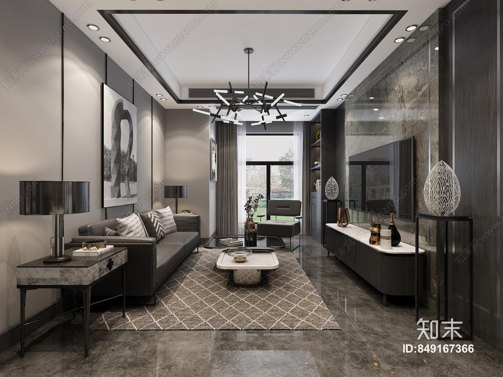 现代工业风黑白灰客餐厅3D模型下载【ID:849167366】