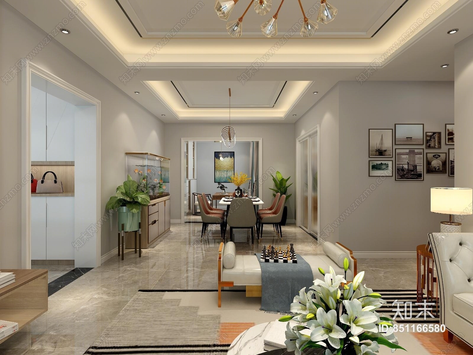 现代餐厅餐桌鱼缸吊灯3D模型下载【ID:851166580】