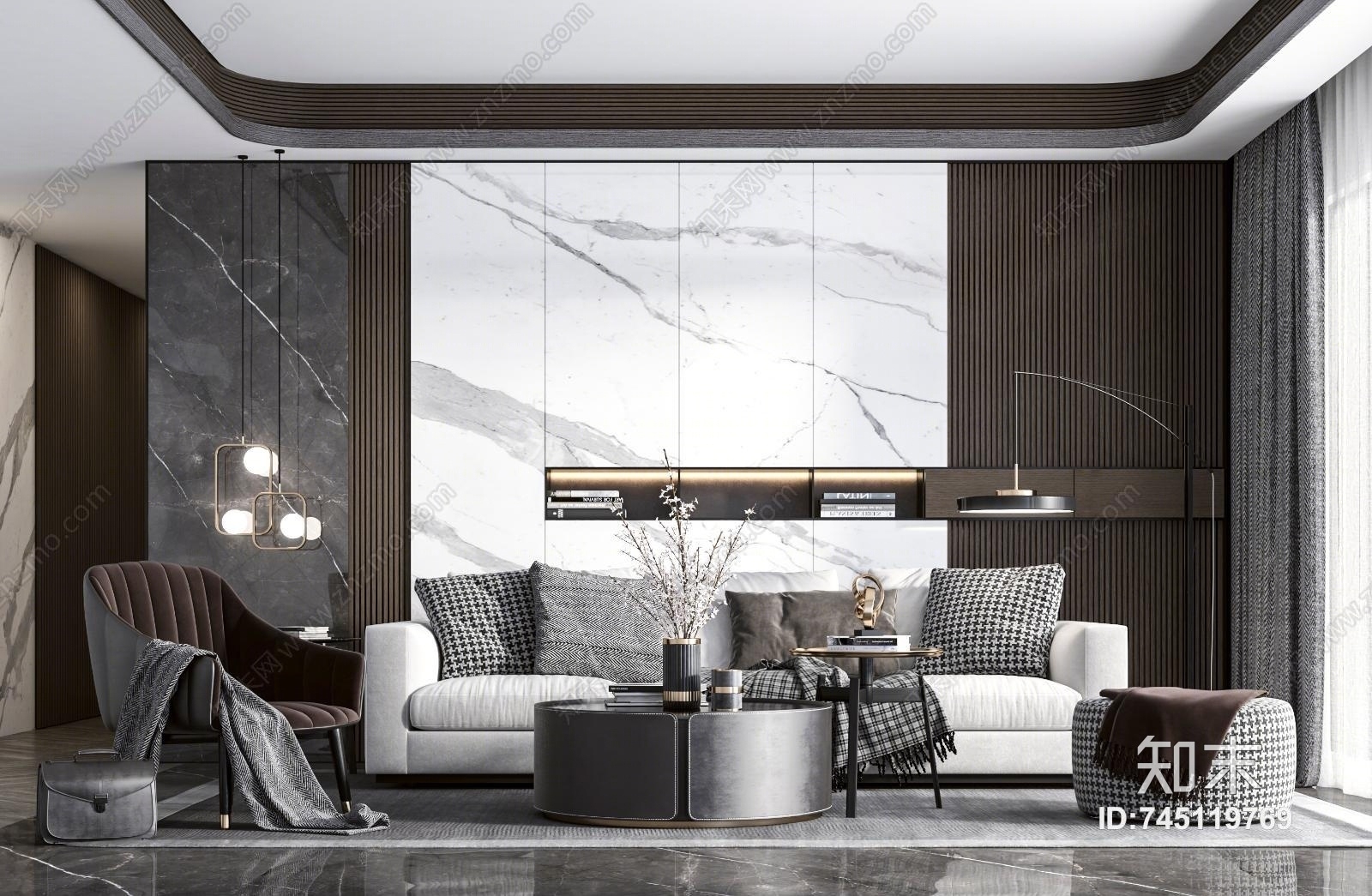 现代简约奢华客厅3D模型下载【ID:745119769】