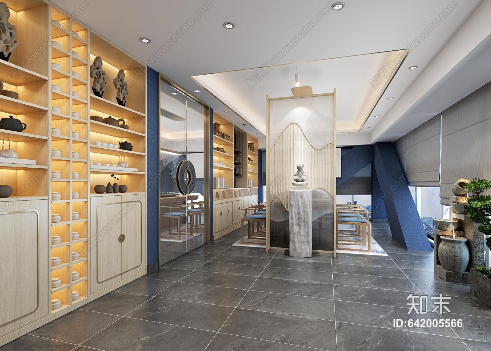 新中式茶室茶艺展厅3D模型下载【ID:642005566】