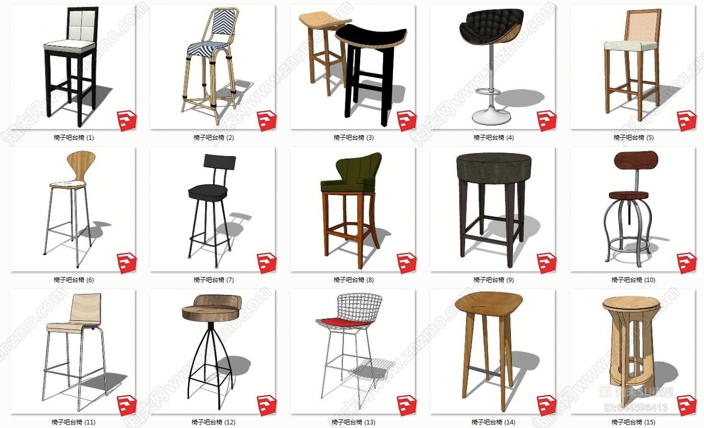 现代酒吧吧台吧凳组合SU模型下载【ID:644596413】