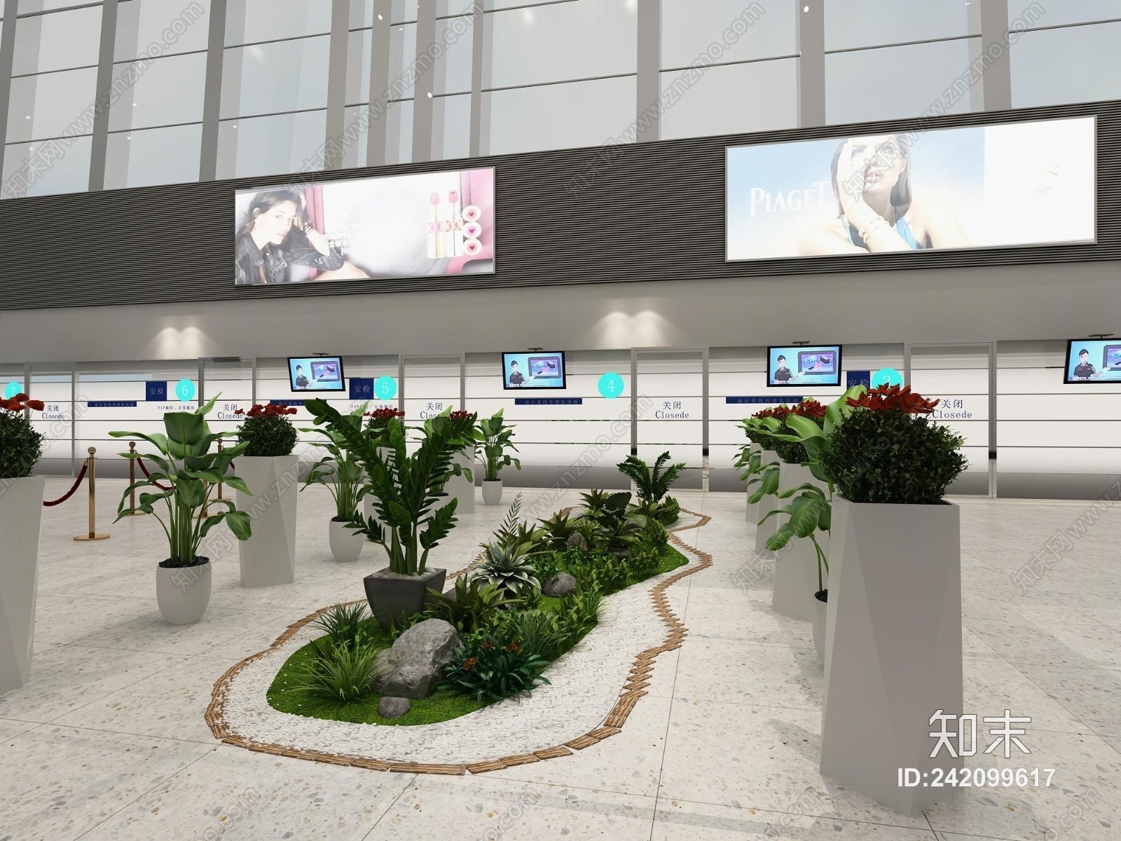 现代航站楼等候大厅绿植3D模型下载【ID:242099617】