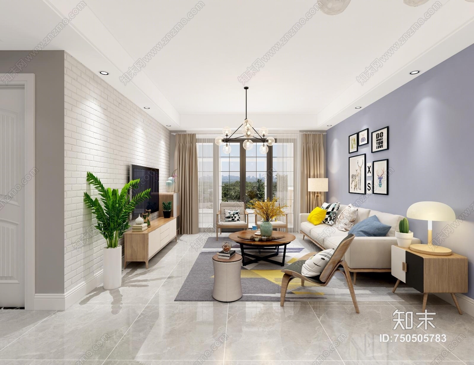 北欧客餐厅沙发餐桌挂画模型3D模型下载【ID:750505783】