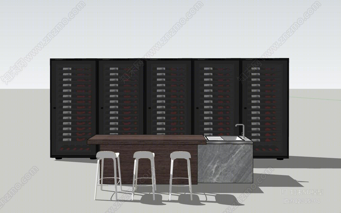现代风格吧台吧椅酒柜SU模型下载【ID:942345304】