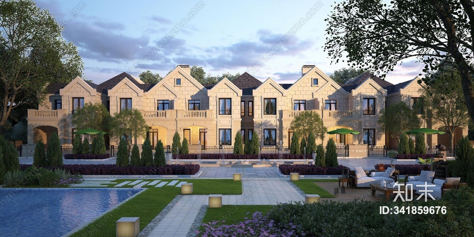 欧式联排别墅建筑外观3D模型下载【ID:341859676】