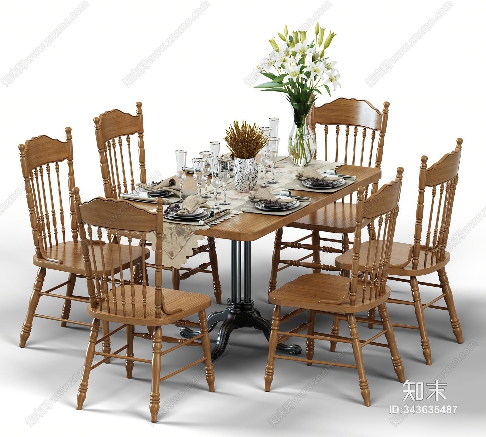 地中海田园风格餐桌椅组合3D模型下载【ID:343635487】